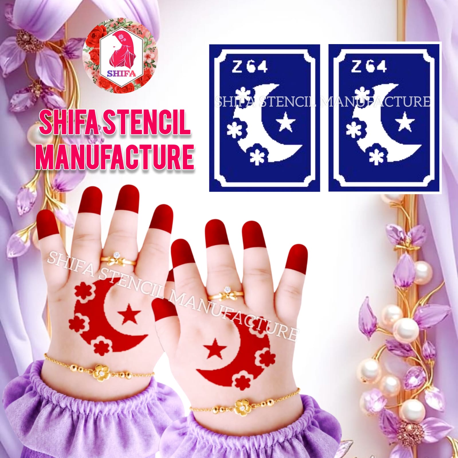 Z 64 Blossoming Eid Moon Sticker Overview Henna Stencil - Shifa Stencil